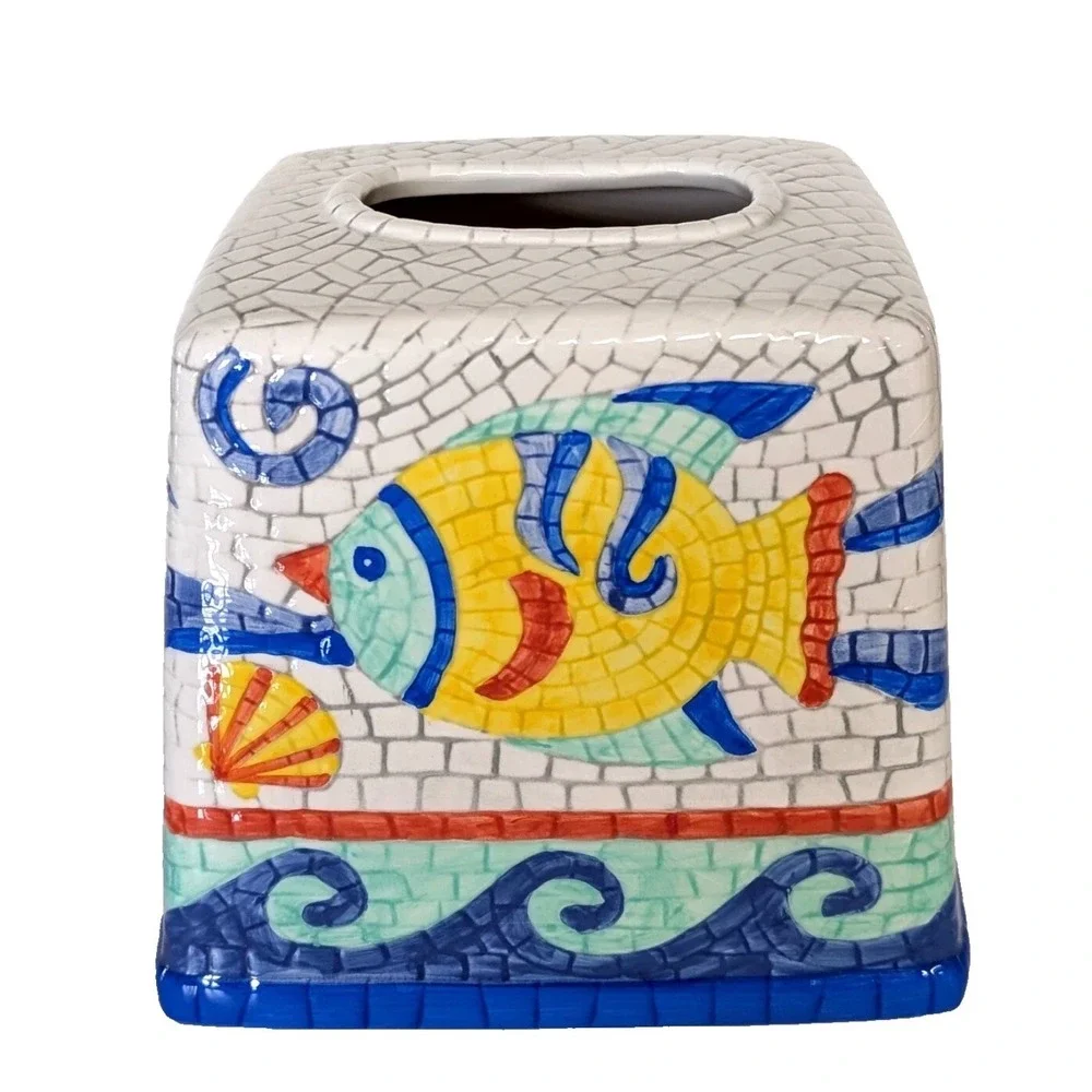 Wamsutta Vtg Ceramic Mosaic Tissue Box Cover Tropical Fish Ocean Coastal Retro